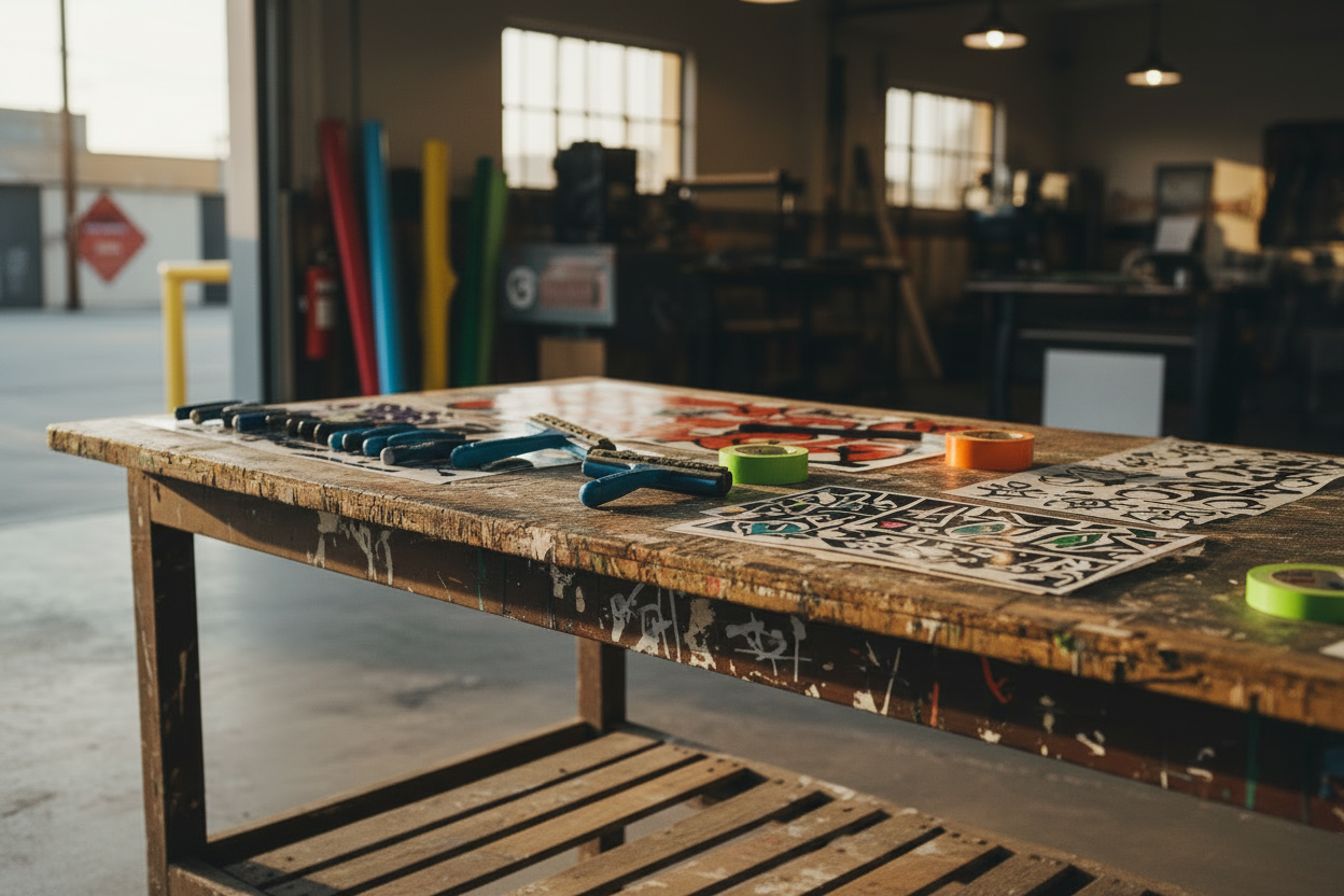Clean Graphics Shop with Vinyl Rolls and Graphtec Printer