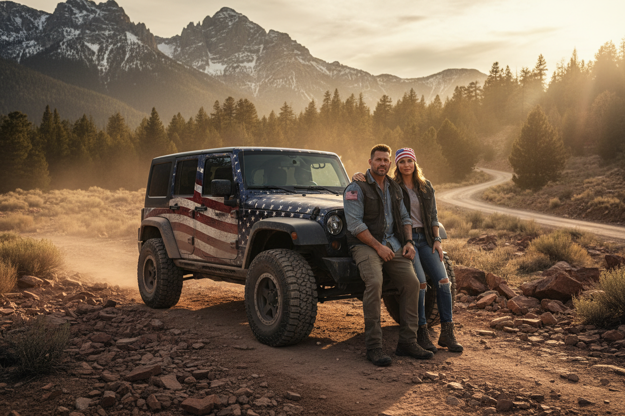 Rugged Patriotic Wrapped Jeep with Couple